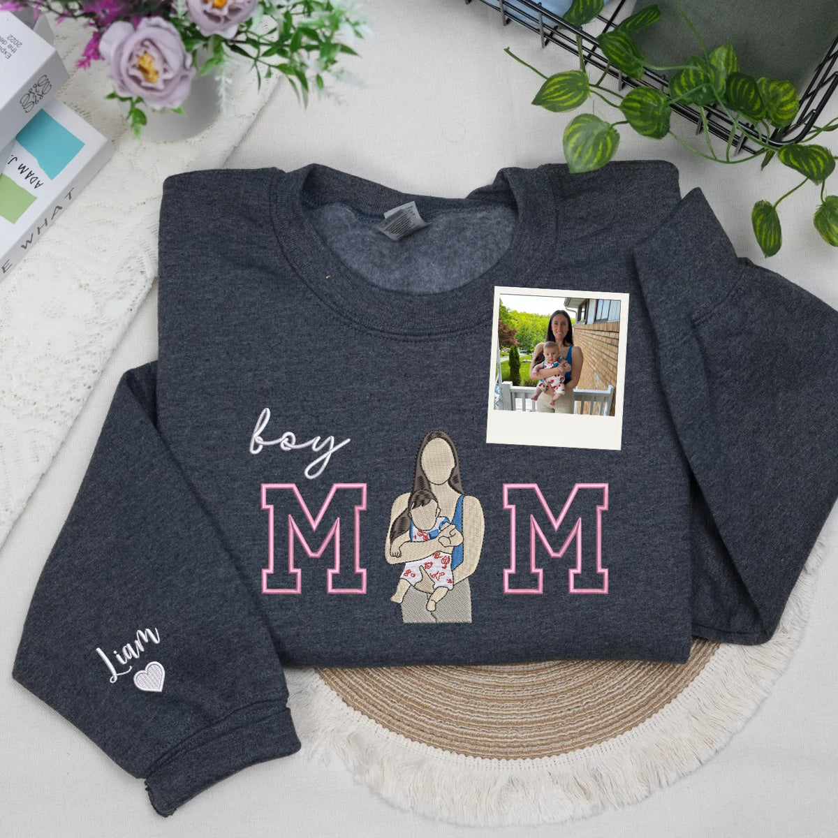 Custom Boy Mom Photo Portrait Embroidered Sweatshirt Hoodie with Kids Names on Sleeve