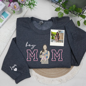 Custom Boy Mom Photo Portrait Embroidered Sweatshirt Hoodie with Kids Names on Sleeve