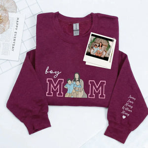 Custom Boy Mom Photo Portrait Embroidered Sweatshirt Hoodie with Kids Names on Sleeve