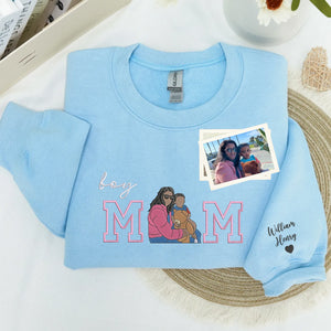 Custom Boy Mom Photo Portrait Embroidered Sweatshirt Hoodie with Kids Names on Sleeve