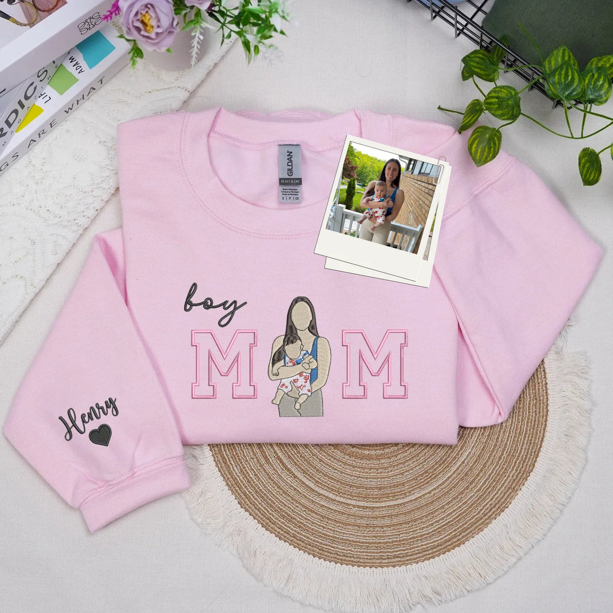 Custom Boy Mom Photo Portrait Embroidered Sweatshirt Hoodie with Kids Names on Sleeve