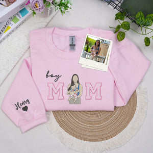 Custom Boy Mom Photo Portrait Embroidered Sweatshirt Hoodie with Kids Names on Sleeve