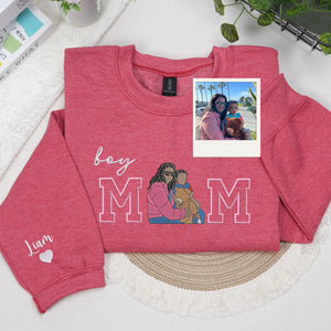 Custom Boy Mom Photo Portrait Embroidered Sweatshirt Hoodie with Kids Names on Sleeve