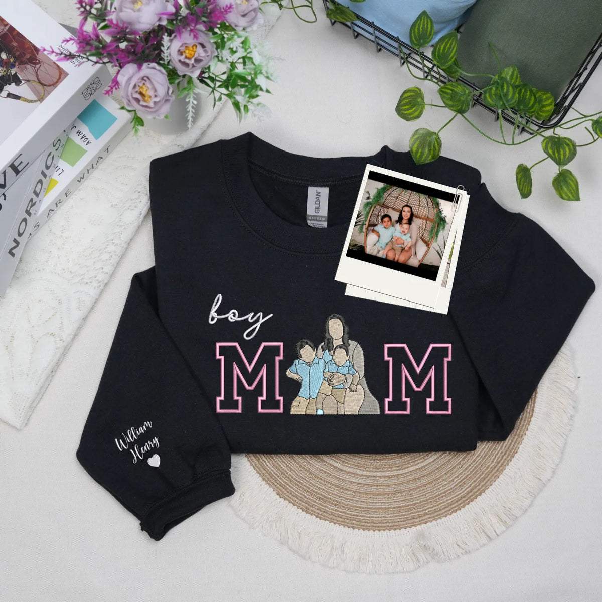 Custom Boy Mom Photo Portrait Embroidered Sweatshirt Hoodie with Kids Names on Sleeve