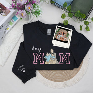 Custom Boy Mom Photo Portrait Embroidered Sweatshirt Hoodie with Kids Names on Sleeve