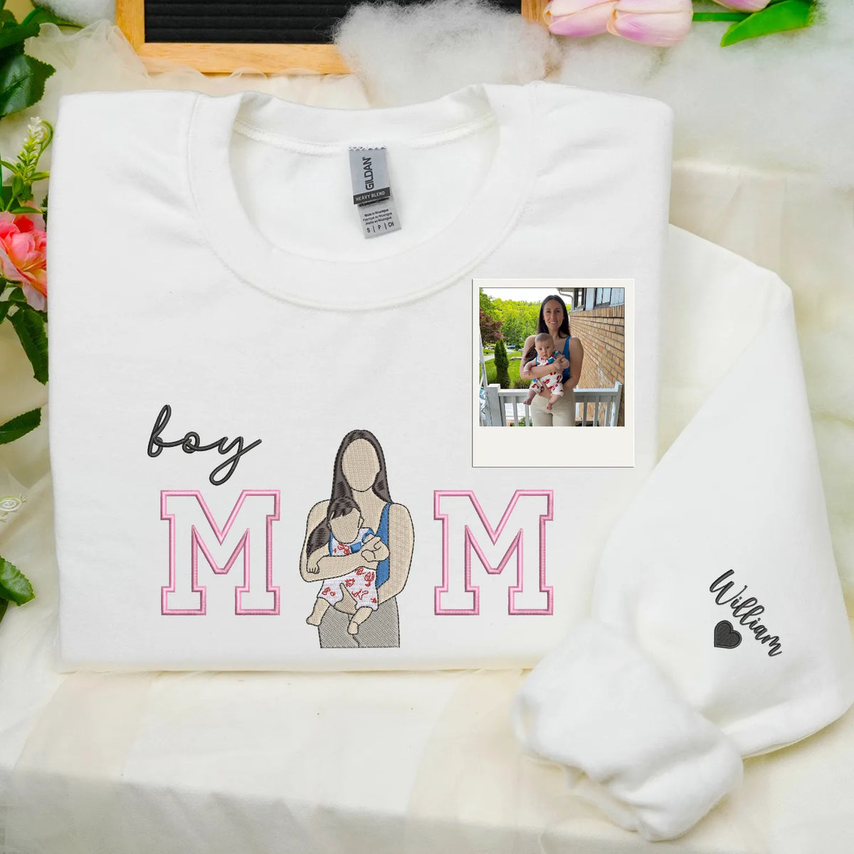 Custom Boy Mom Photo Portrait Embroidered Sweatshirt Hoodie with Kids Names on Sleeve