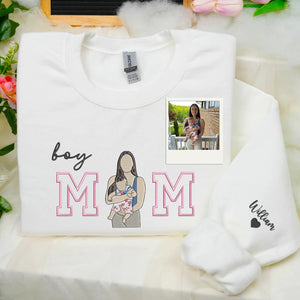 Custom Boy Mom Photo Portrait Embroidered Sweatshirt Hoodie with Kids Names on Sleeve