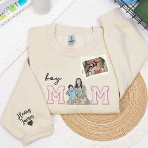 Custom Boy Mom Photo Portrait Embroidered Sweatshirt Hoodie with Kids Names on Sleeve