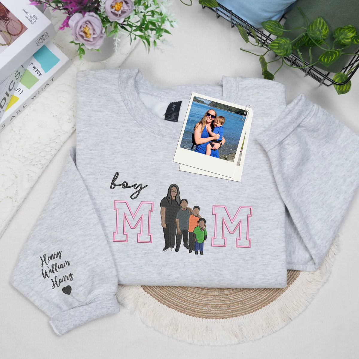 Custom Boy Mom Photo Portrait Embroidered Sweatshirt Hoodie with Kids Names on Sleeve