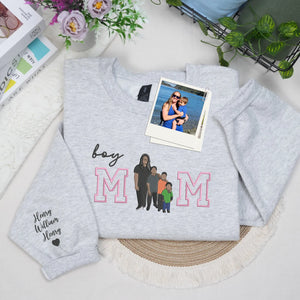 Custom Boy Mom Photo Portrait Embroidered Sweatshirt Hoodie with Kids Names on Sleeve