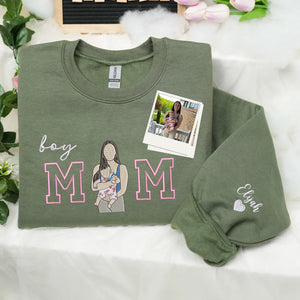 Custom Boy Mom Photo Portrait Embroidered Sweatshirt Hoodie with Kids Names on Sleeve