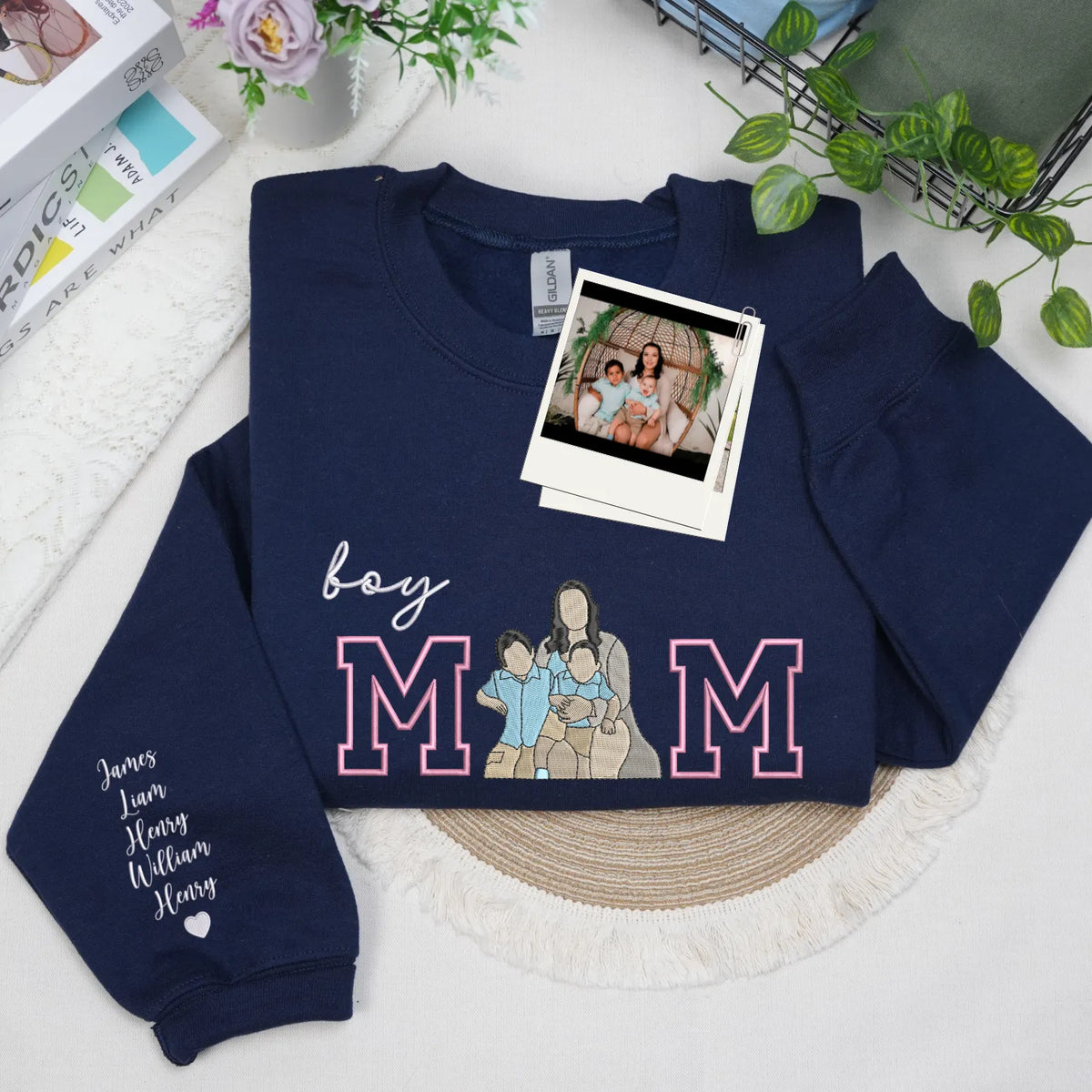 Custom Boy Mom Photo Portrait Embroidered Sweatshirt Hoodie with Kids Names on Sleeve