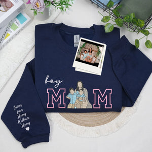 Custom Boy Mom Photo Portrait Embroidered Sweatshirt Hoodie with Kids Names on Sleeve