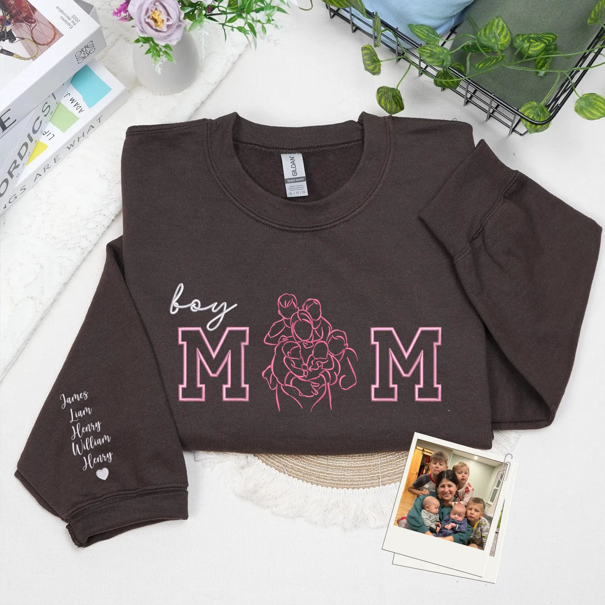 Custom Photo Portrait Boy Mom Sweatshirt - Embroidered Line Art with Kids Names on Sleeve - Sentimental Mother's Day Gift
