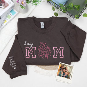 Custom Photo Portrait Boy Mom Sweatshirt - Embroidered Line Art with Kids Names on Sleeve - Sentimental Mother's Day Gift