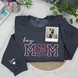 Custom Boy Mom Photo Portrait Embroidered Sweatshirt Hoodie with Kids Names on Sleeve