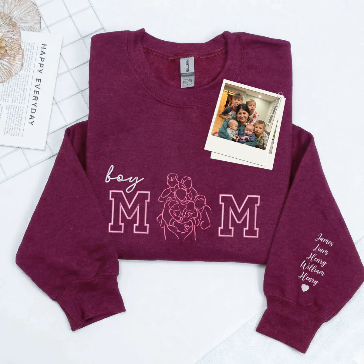 Custom Photo Portrait Boy Mom Sweatshirt - Embroidered Line Art with Kids Names on Sleeve - Sentimental Mother's Day Gift