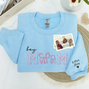 Custom Photo Portrait Boy Mom Sweatshirt - Embroidered Line Art with Kids Names on Sleeve - Sentimental Mother's Day Gift