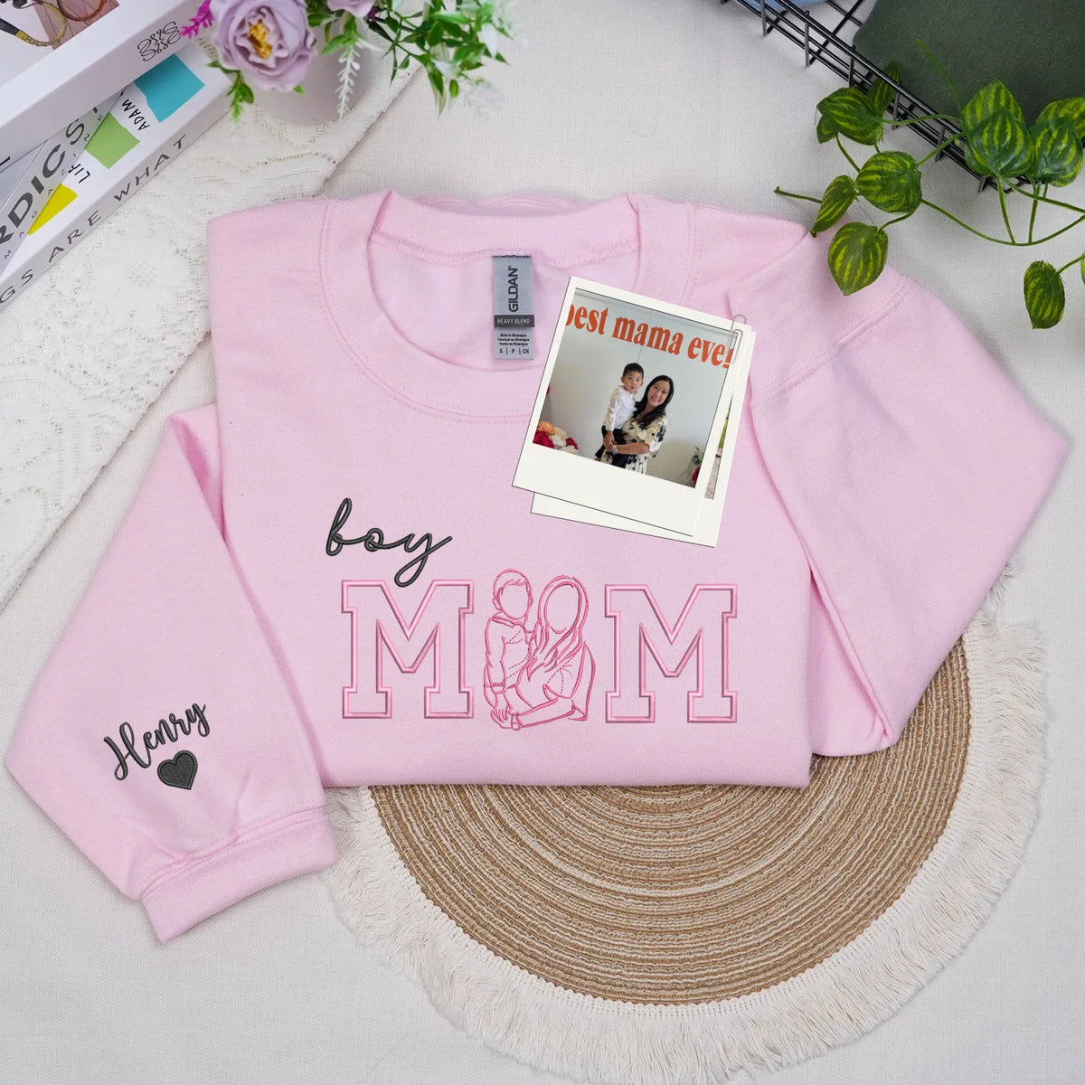 Custom Photo Portrait Boy Mom Sweatshirt - Embroidered Line Art with Kids Names on Sleeve - Sentimental Mother's Day Gift