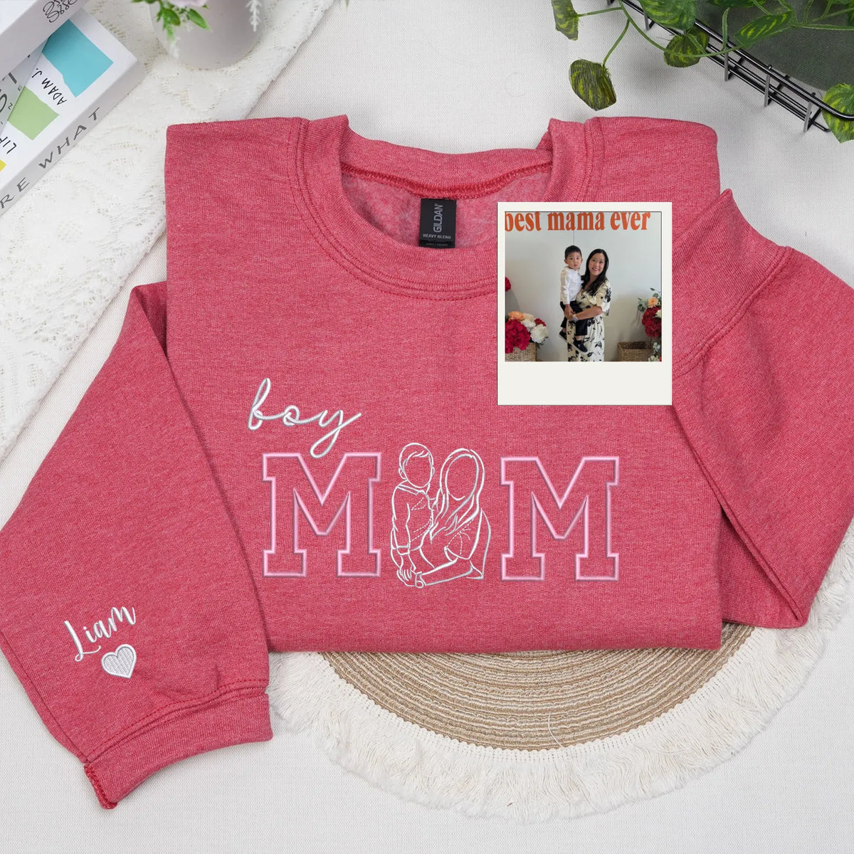 Custom Photo Portrait Boy Mom Sweatshirt - Embroidered Line Art with Kids Names on Sleeve - Sentimental Mother's Day Gift