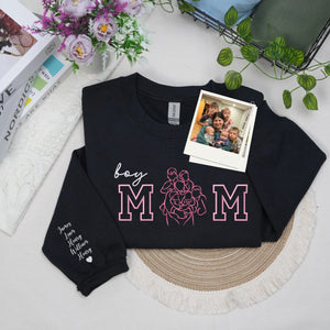 Custom Photo Portrait Boy Mom Sweatshirt - Embroidered Line Art with Kids Names on Sleeve - Sentimental Mother's Day Gift