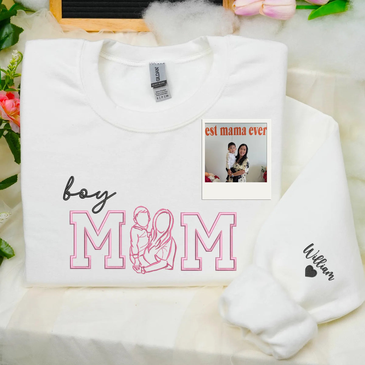 Custom Boy Mom Photo Portrait Embroidered Sweatshirt Hoodie with Kids Names on Sleeve