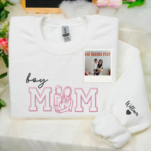Custom Boy Mom Photo Portrait Embroidered Sweatshirt Hoodie with Kids Names on Sleeve