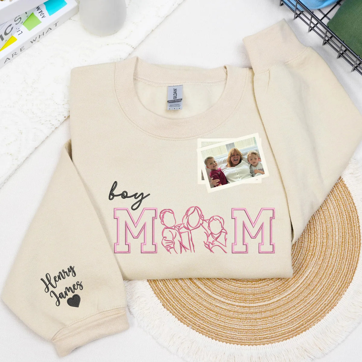 Custom Photo Portrait Boy Mom Sweatshirt - Embroidered Line Art with Kids Names on Sleeve - Sentimental Mother's Day Gift