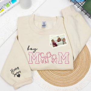 Custom Photo Portrait Boy Mom Sweatshirt - Embroidered Line Art with Kids Names on Sleeve - Sentimental Mother's Day Gift