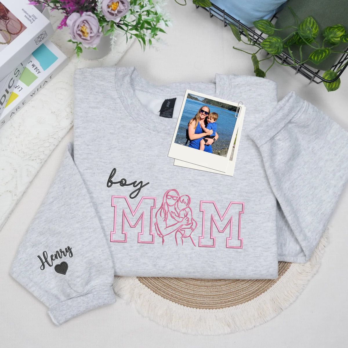 Custom Boy Mom Photo Portrait Embroidered Sweatshirt Hoodie with Kids Names on Sleeve