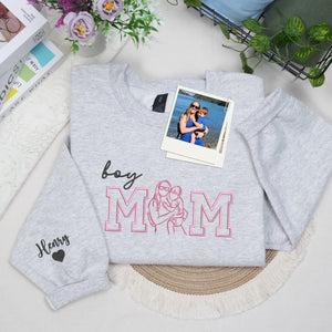 Custom Boy Mom Photo Portrait Embroidered Sweatshirt Hoodie with Kids Names on Sleeve