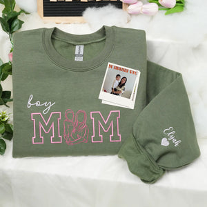 Custom Boy Mom Photo Portrait Embroidered Sweatshirt Hoodie with Kids Names on Sleeve