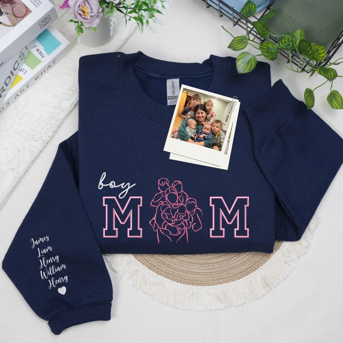 Custom Boy Mom Photo Portrait Embroidered Sweatshirt Hoodie with Kids Names on Sleeve