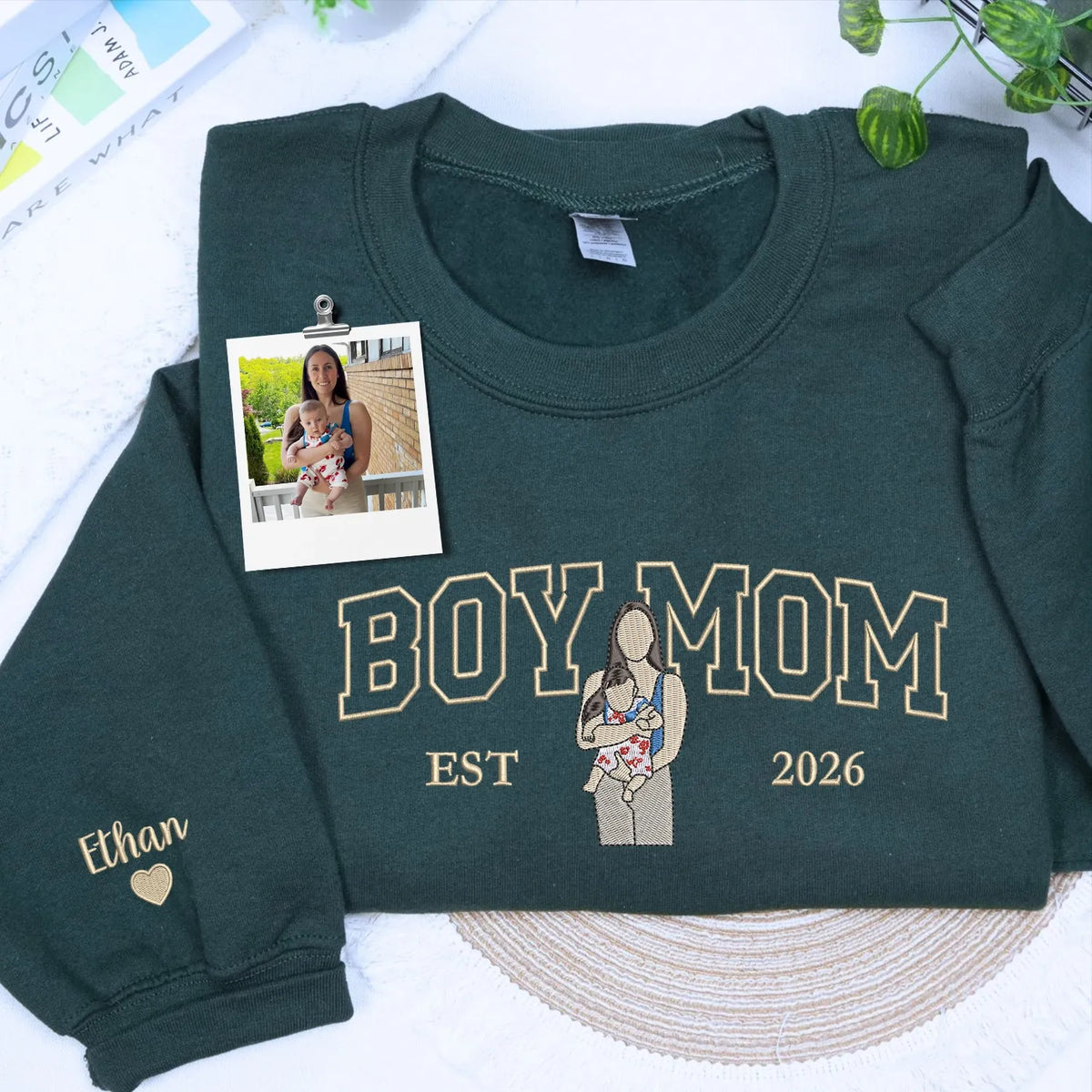 custom embroidered boy mom sweatshirt from photo with kids portrait on hoodie