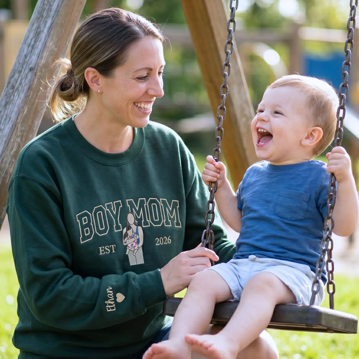 custom embroidered boy mom sweatshirt from photo with kids portrait on hoodie