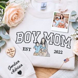 custom embroidered boy mom sweatshirt from photo with kids portrait on hoodie