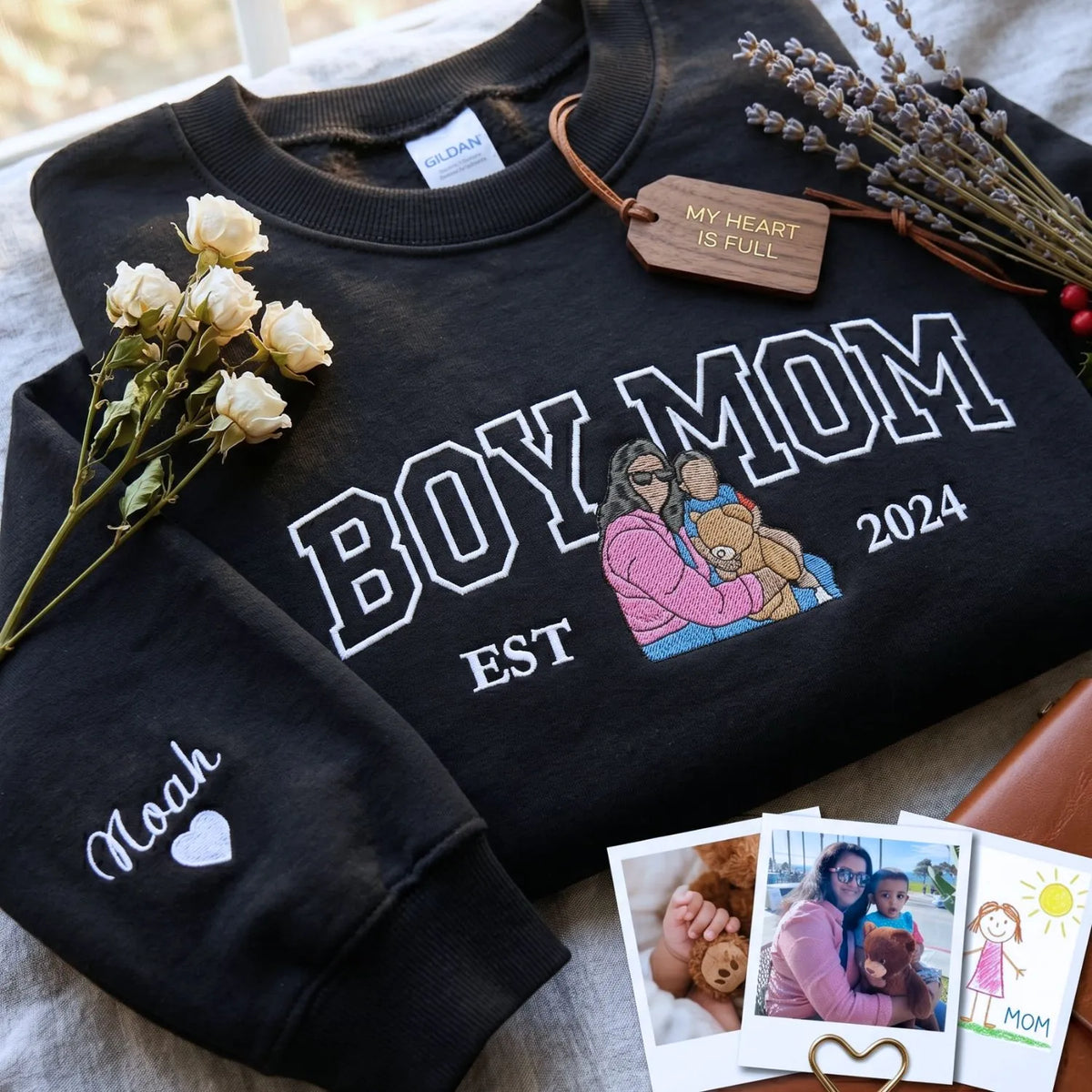 custom embroidered boy mom sweatshirt from photo with kids portrait on hoodie