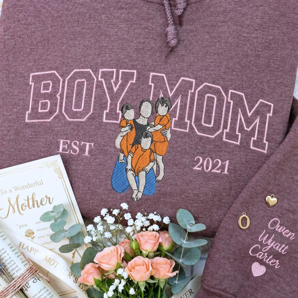 custom embroidered boy mom sweatshirt from photo with kids portrait on hoodie