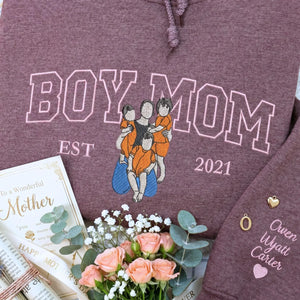 custom embroidered boy mom sweatshirt from photo with kids portrait on hoodie