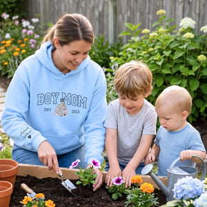 custom embroidered boy mom sweatshirt from photo with kids portrait on hoodie