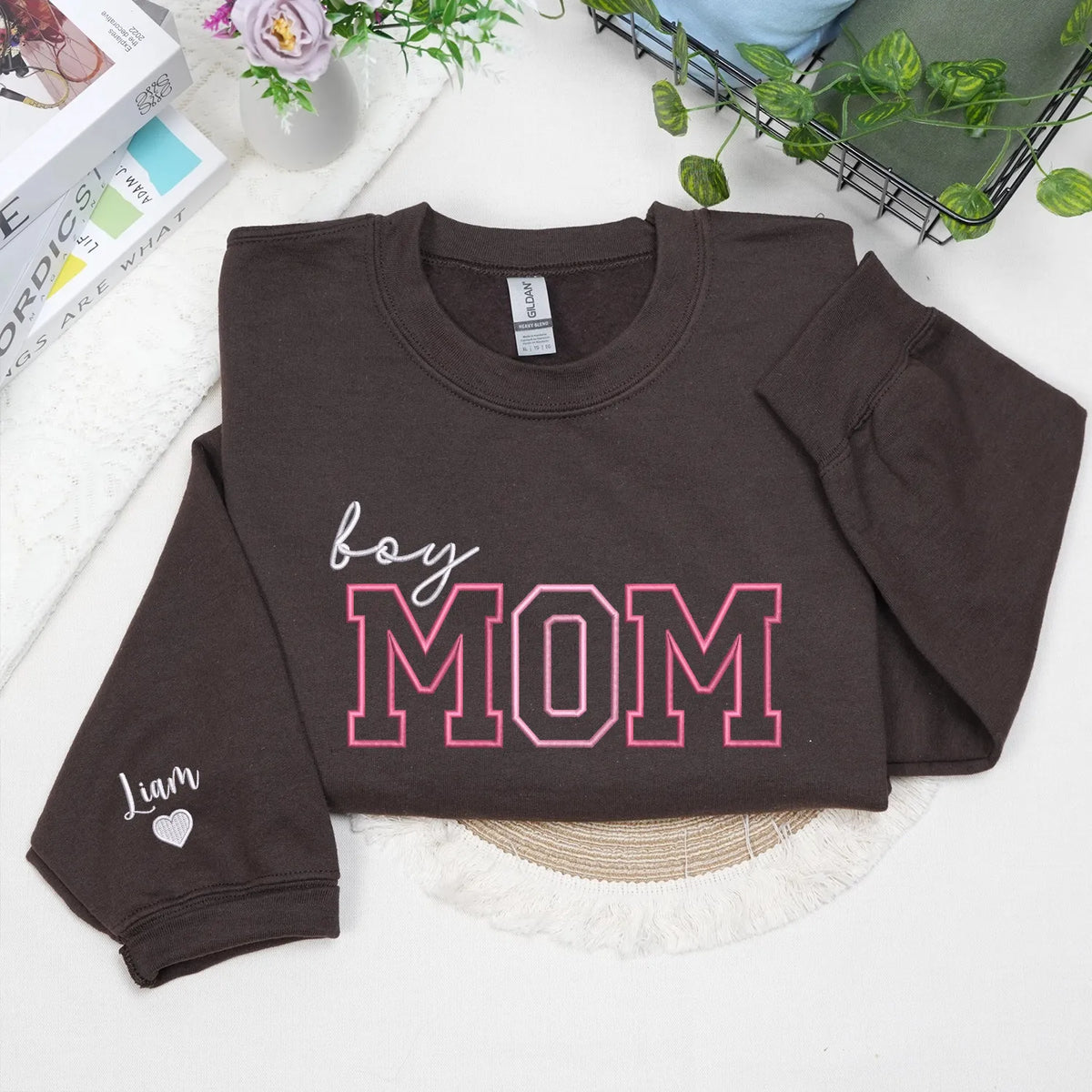 Personalized Boy Mom Sweatshirt Embroidered with Kids Names on Sleeve, Unique Gift for Mother's Day