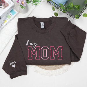 Personalized Boy Mom Sweatshirt Embroidered with Kids Names on Sleeve, Unique Gift for Mother's Day
