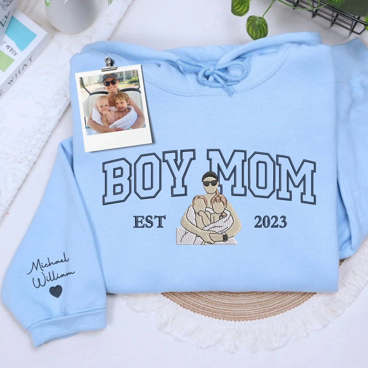 custom embroidered boy mom sweatshirt from photo with kids portrait on hoodie
