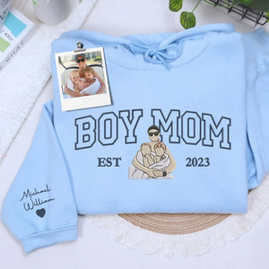 custom embroidered boy mom sweatshirt from photo with kids portrait on hoodie