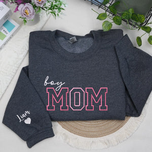 Personalized Boy Mom Sweatshirt Embroidered with Kids Names on Sleeve, Unique Gift for Mother's Day