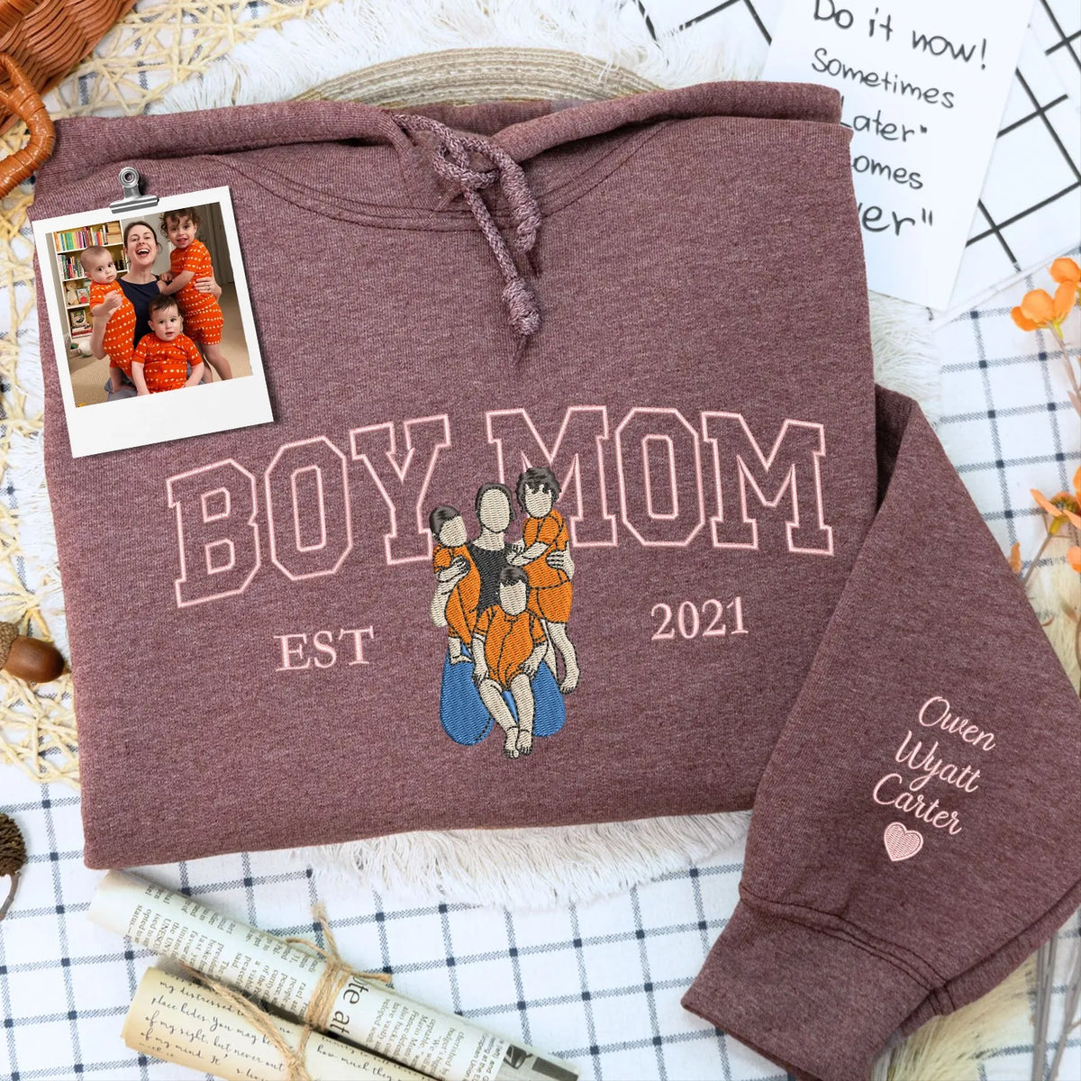custom embroidered boy mom sweatshirt from photo with kids portrait on hoodie