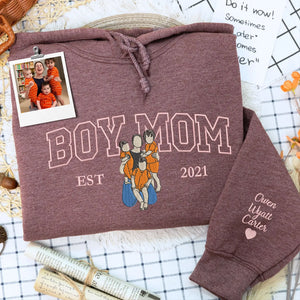 custom embroidered boy mom sweatshirt from photo with kids portrait on hoodie