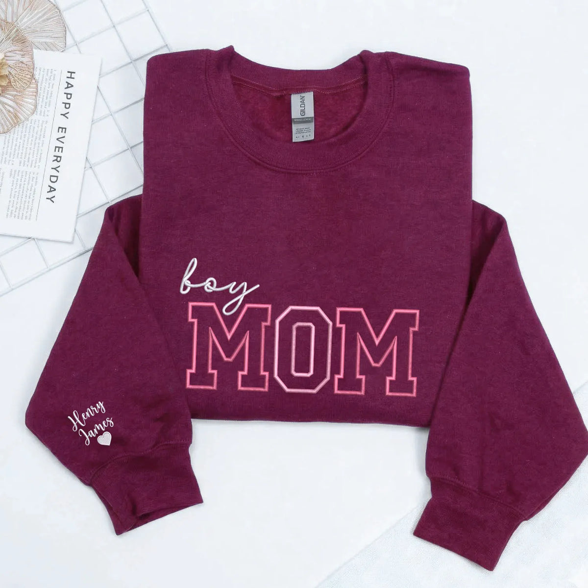 Personalized Boy Mom Sweatshirt Embroidered with Kids Names on Sleeve, Unique Gift for Mother's Day