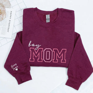 Personalized Boy Mom Sweatshirt Embroidered with Kids Names on Sleeve, Unique Gift for Mother's Day