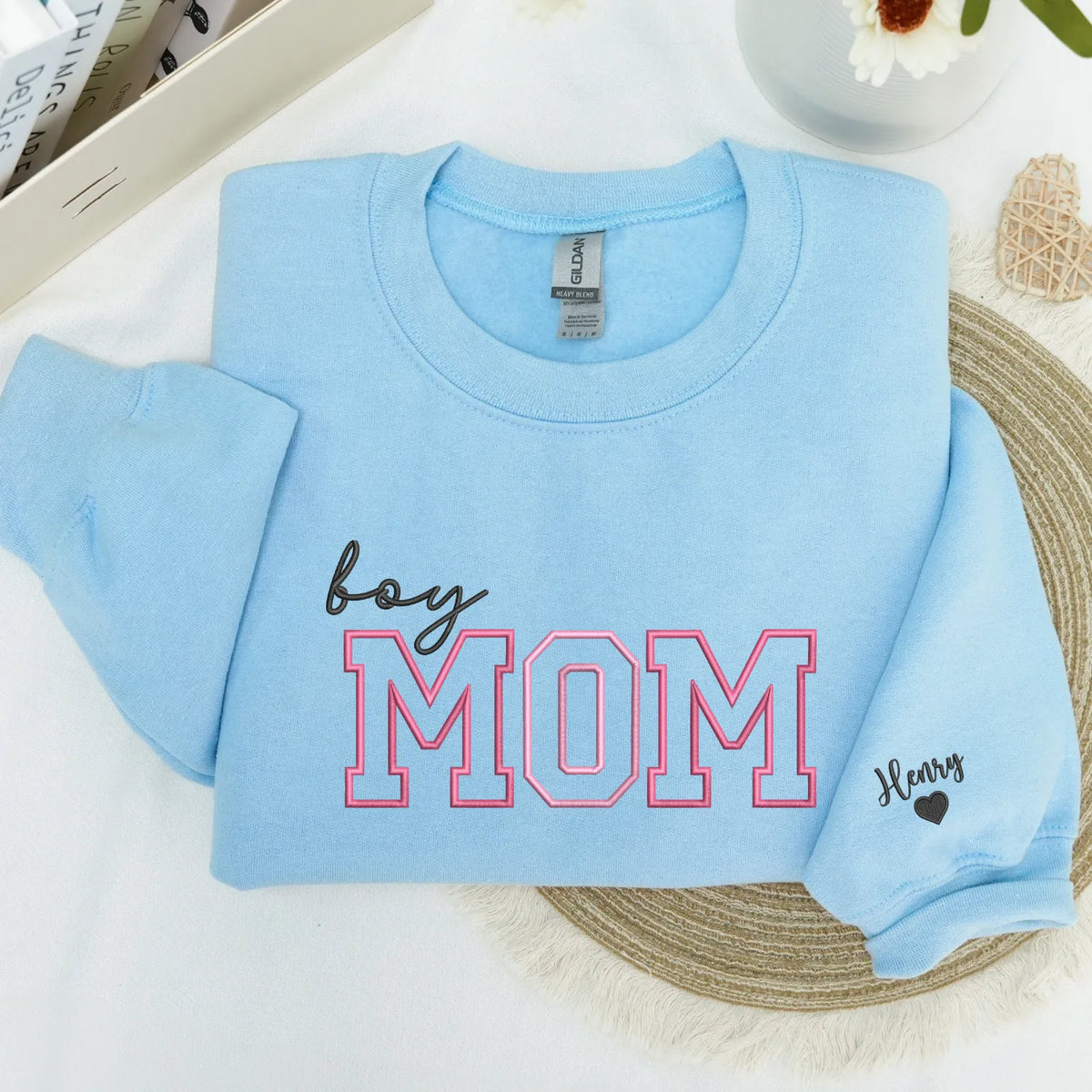 Personalized Boy Mom Sweatshirt Embroidered with Kids Names on Sleeve, Unique Gift for Mother's Day